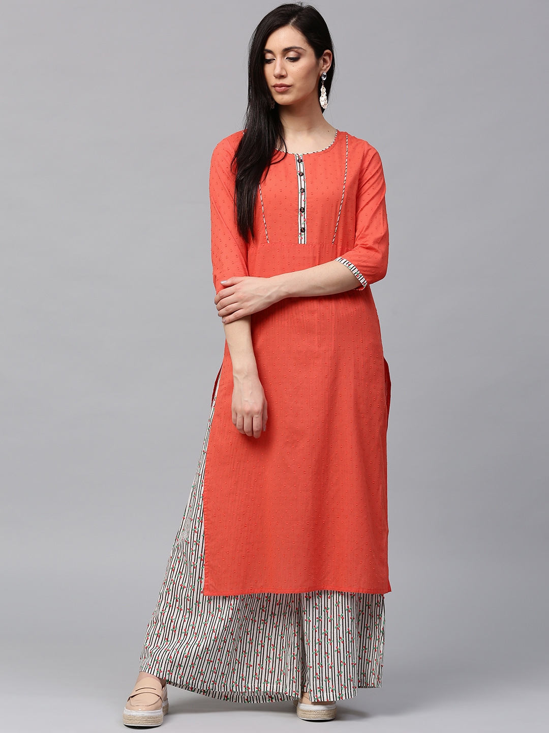 Buy Jaipur Kurti Women Coral Orange & White Kurta With Palazzos ...