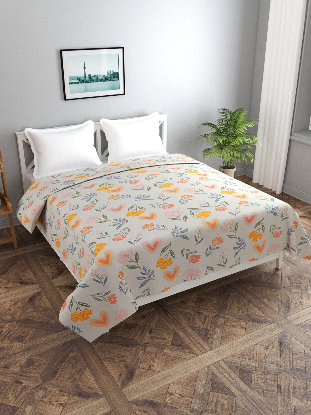 MORADO Off White & Yellow Floral Printed Duvet Cover