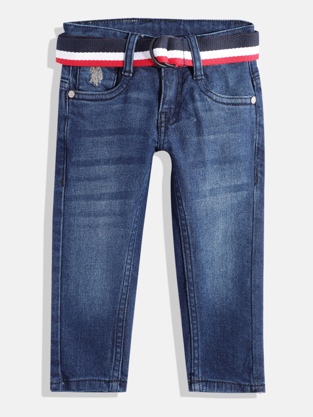 U.S. Polo Assn. Kids Boys Slim Fit Mid-Rise Light Fade Stretchable Jeans With Belt