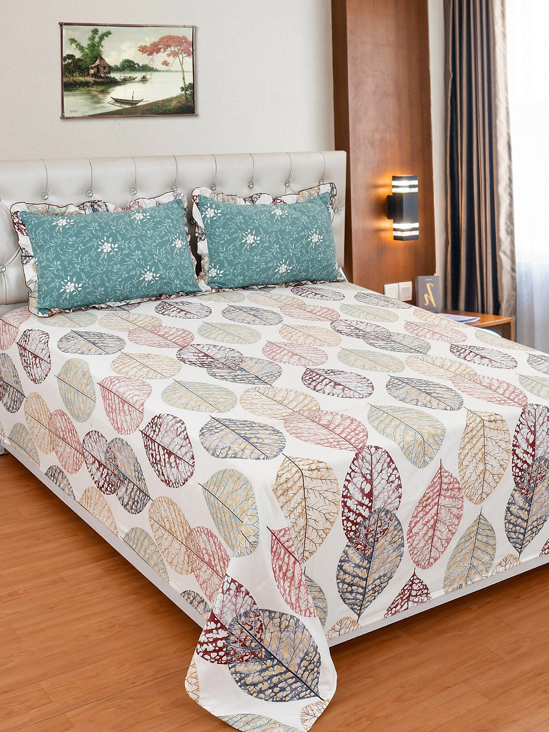 MORADO Safrn Off White Floral Polycotton 210 TC King Fine Bedsheet with 2 Pillow Covers-108 x 108 inches