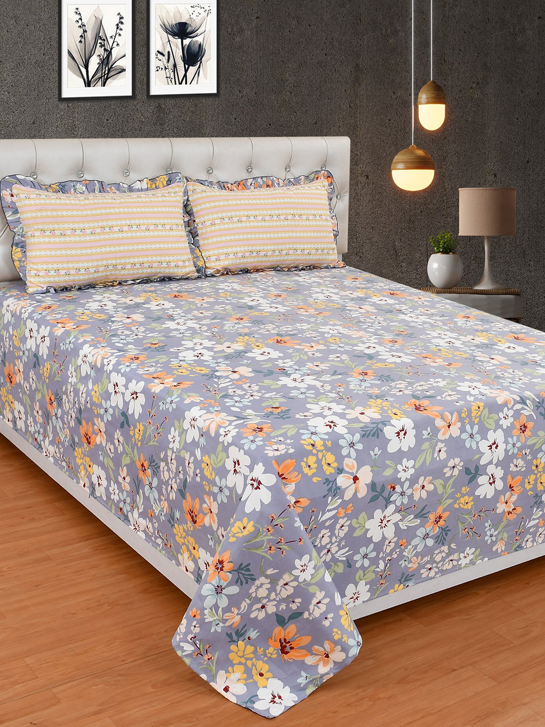MORADO Safron Grey Floral Polycotton 210 TC King Fine Bedsheet with 2 Pillow Covers-274 X 274 cm