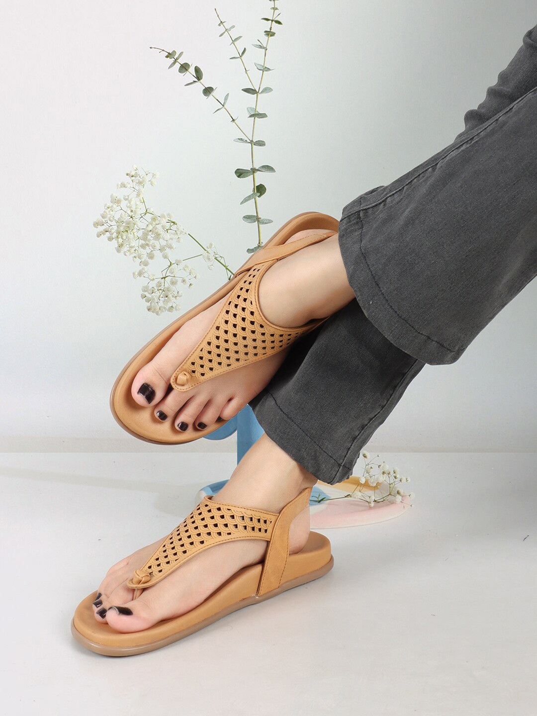 Elle Textured T-Strap Flats With Backstrap & Laser Cuts