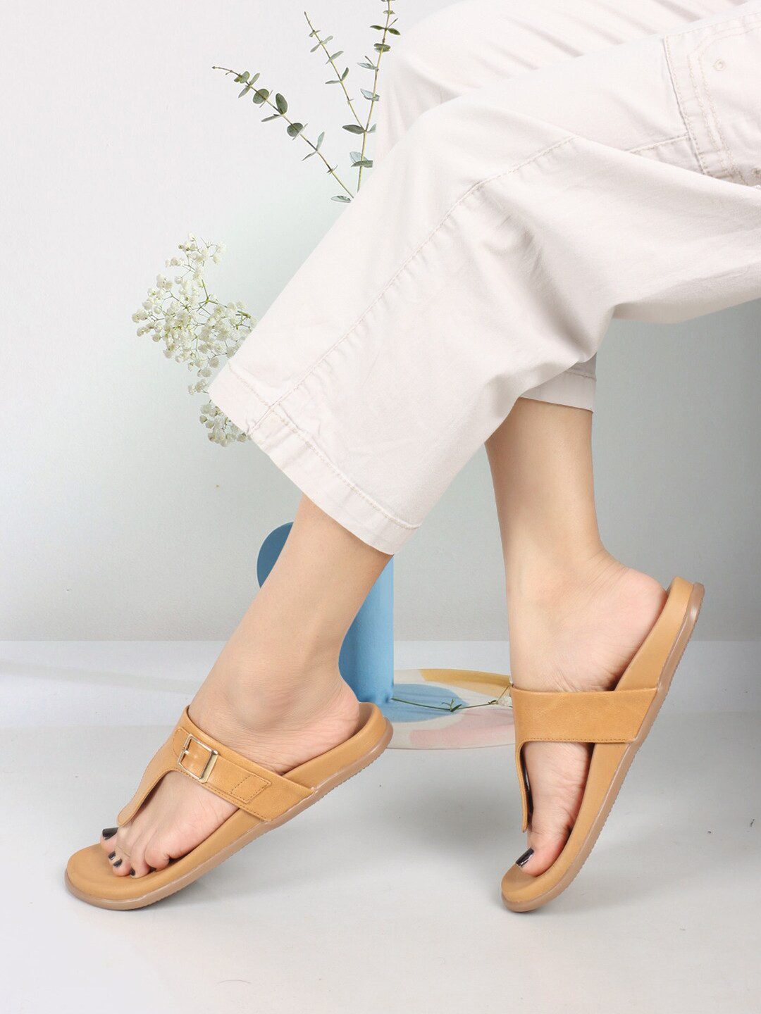 Elle T-Strap Flats With Buckle Detail