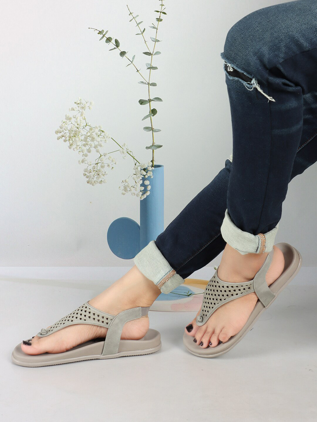 Elle Laser Cuts Embellished Open Toe Flats