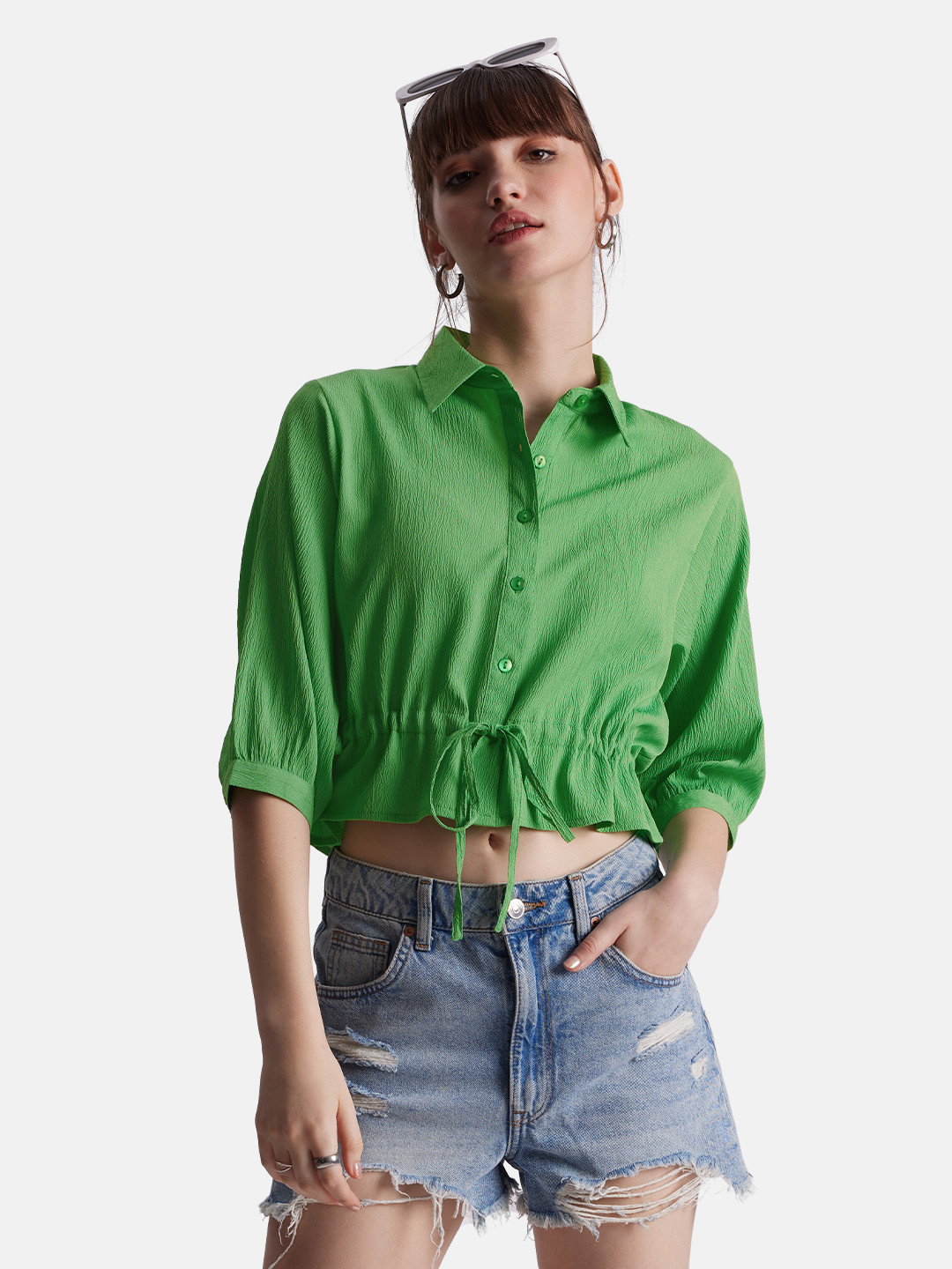 The Souled Store Green Shirt Collar Crop Shirt Style Top