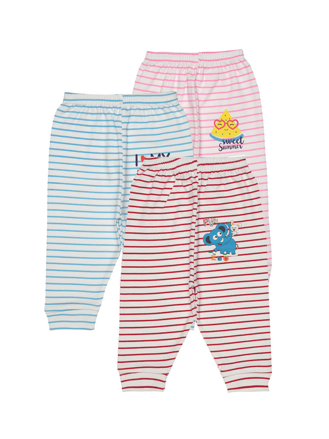 Bodycare Kids Infant Assorted Pack Of 3 Striped Mid-Rise Cotton Lounge Pants