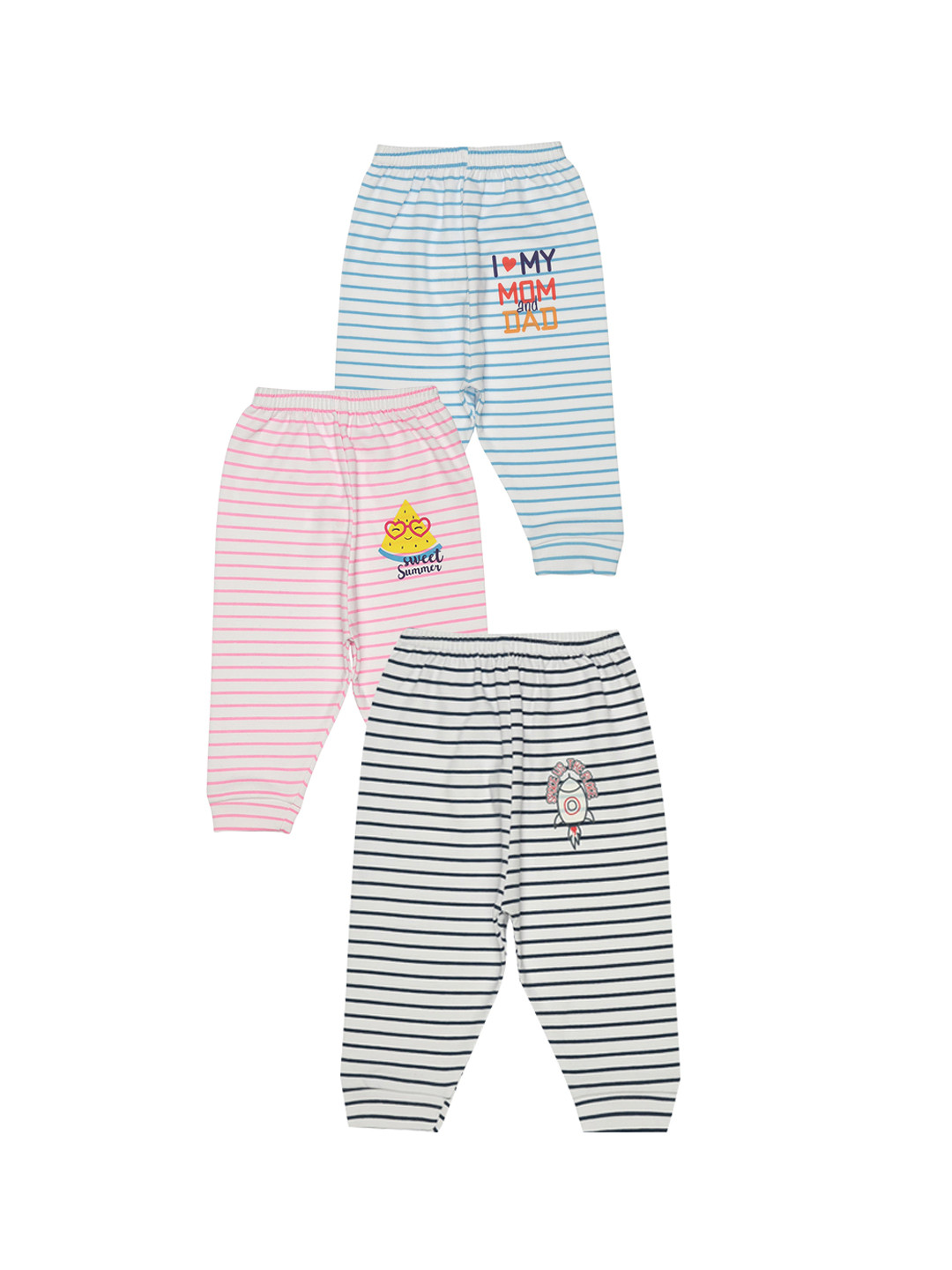 Bodycare Kids Infant Assorted Pack Of 3 Striped Mid-Rise Cotton Lounge Pants
