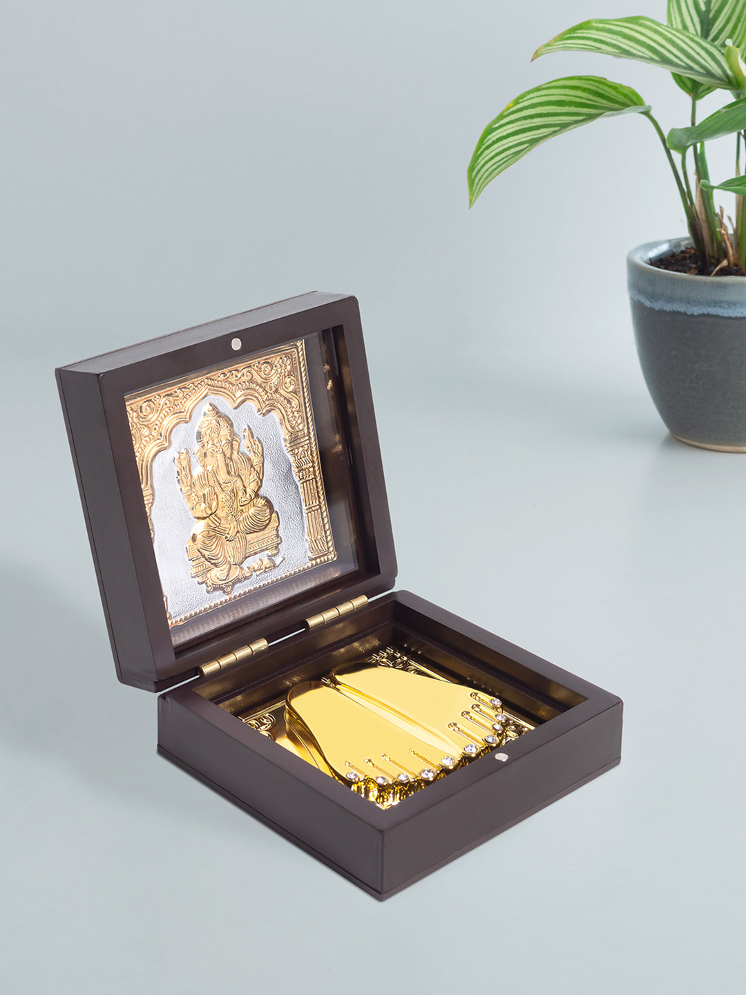 Golden Peacock Brown Wooden Ganesha Prayer Box