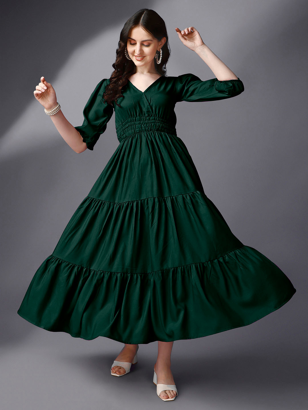 Femvy Smocked Tiered Puff Sleeve Maxi Fit & Flare Dress