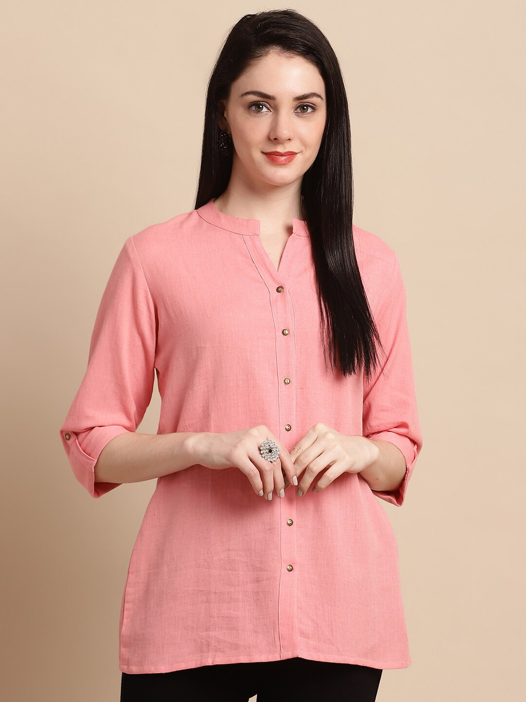 Pistaa Mandarin Collar Roll Up Sleeves Pure Cotton Kurti