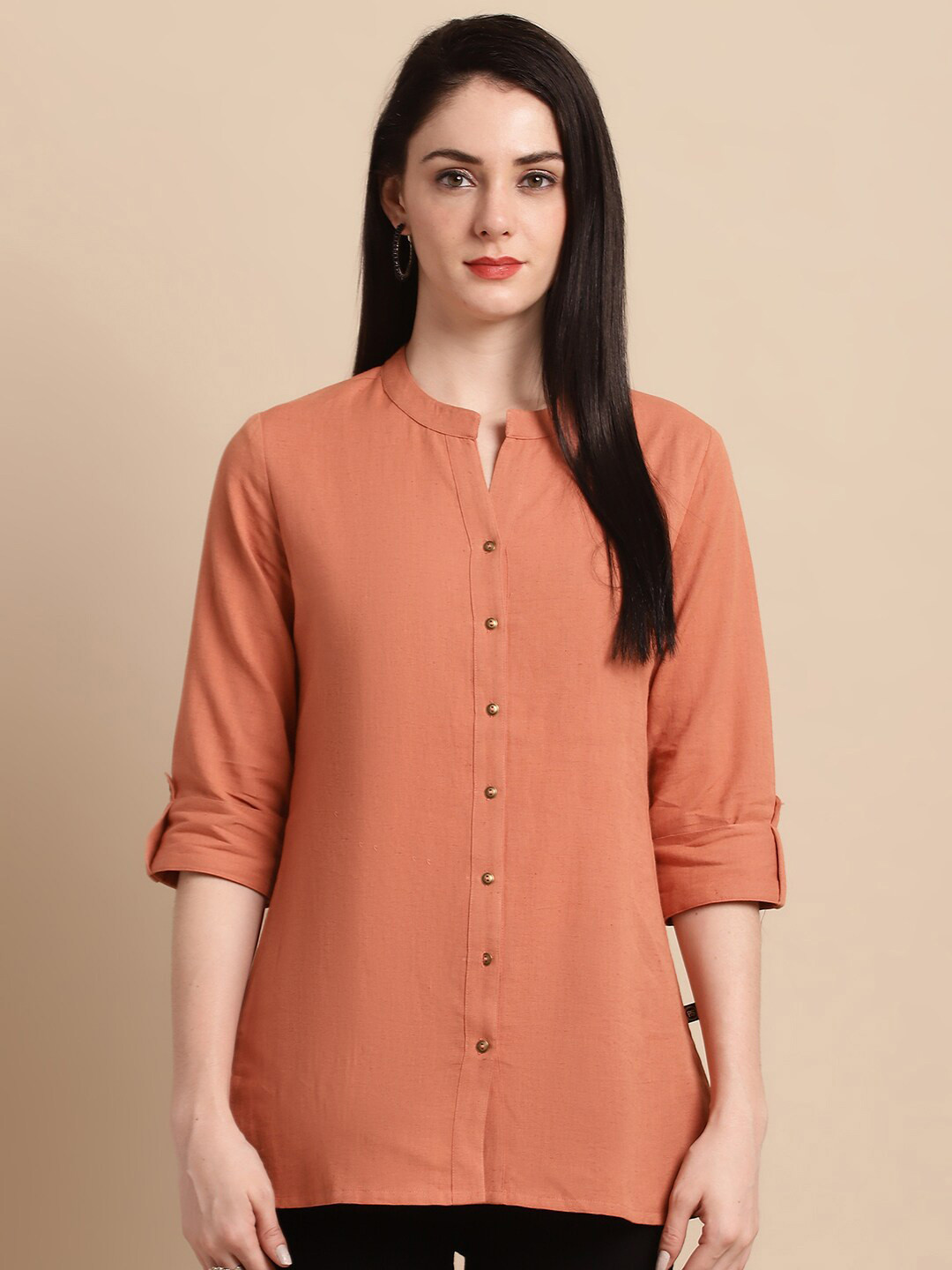 Pistaa Mandarin Collar Roll-Ups Sleeves Pure Cotton Kurti
