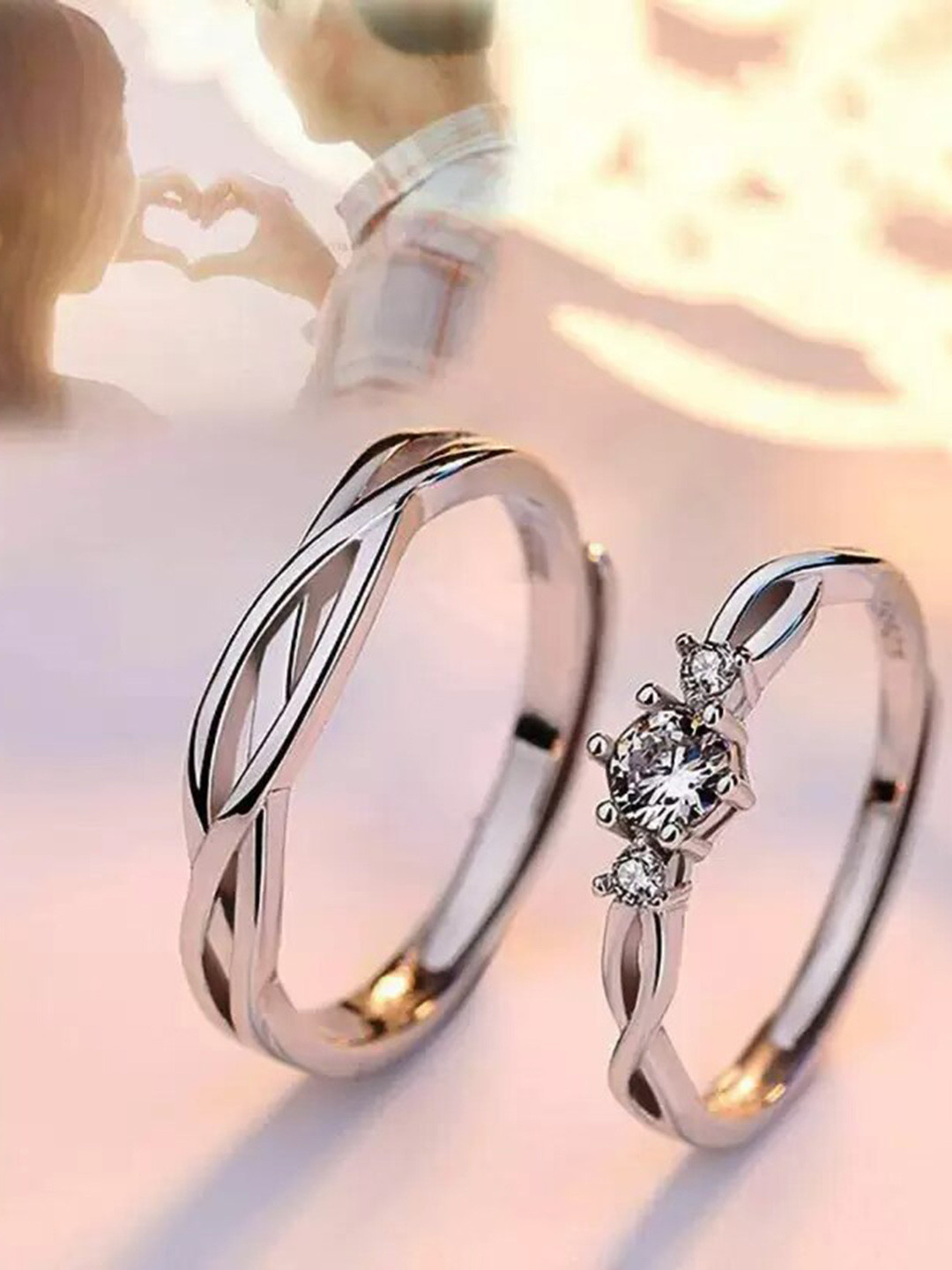 KARISHMA KREATIONS Set of 2 Silver-Plated AD-Studded Stainless Steel CoupleRings