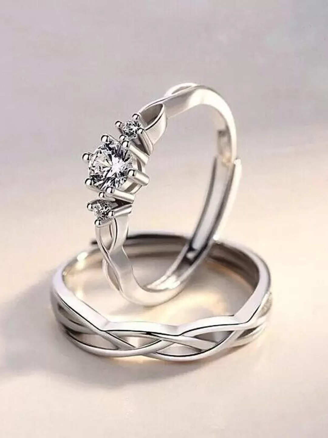 KARISHMA KREATIONS Set of 2 Silver-Plated AD-Studded Stainless Steel CoupleRings