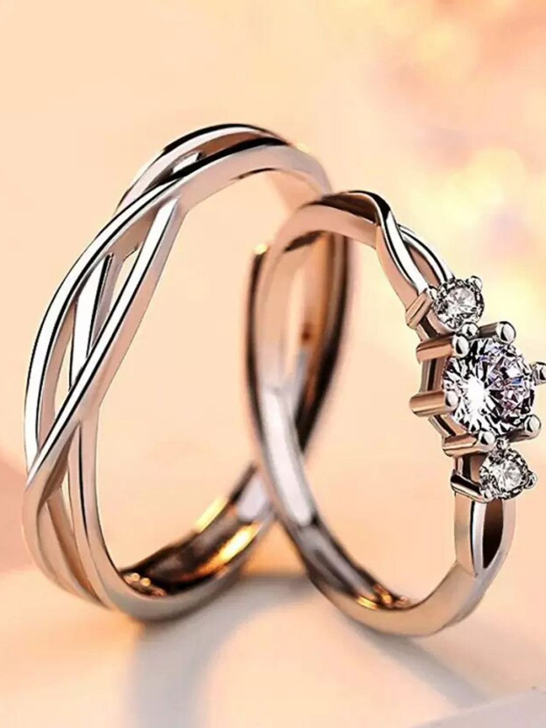 KARISHMA KREATIONS Set Of 2 Silver-Plated American Diamond -Studded Couple Rings