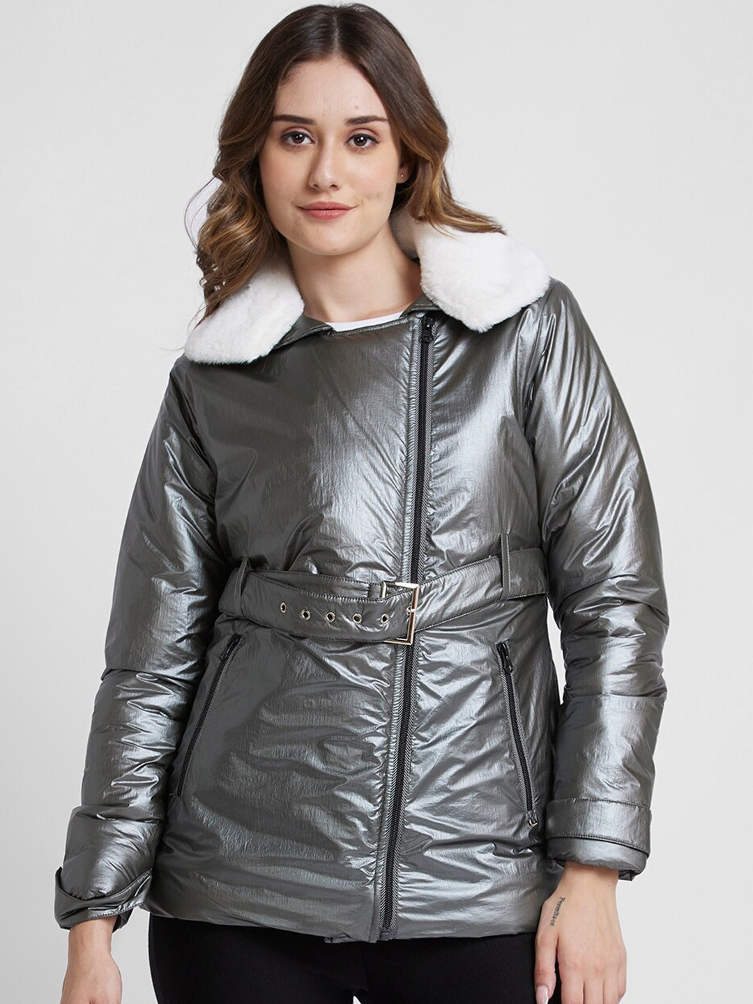 SPYKAR Spread Collar Faux Fur Trim Longline Puffer Jacket