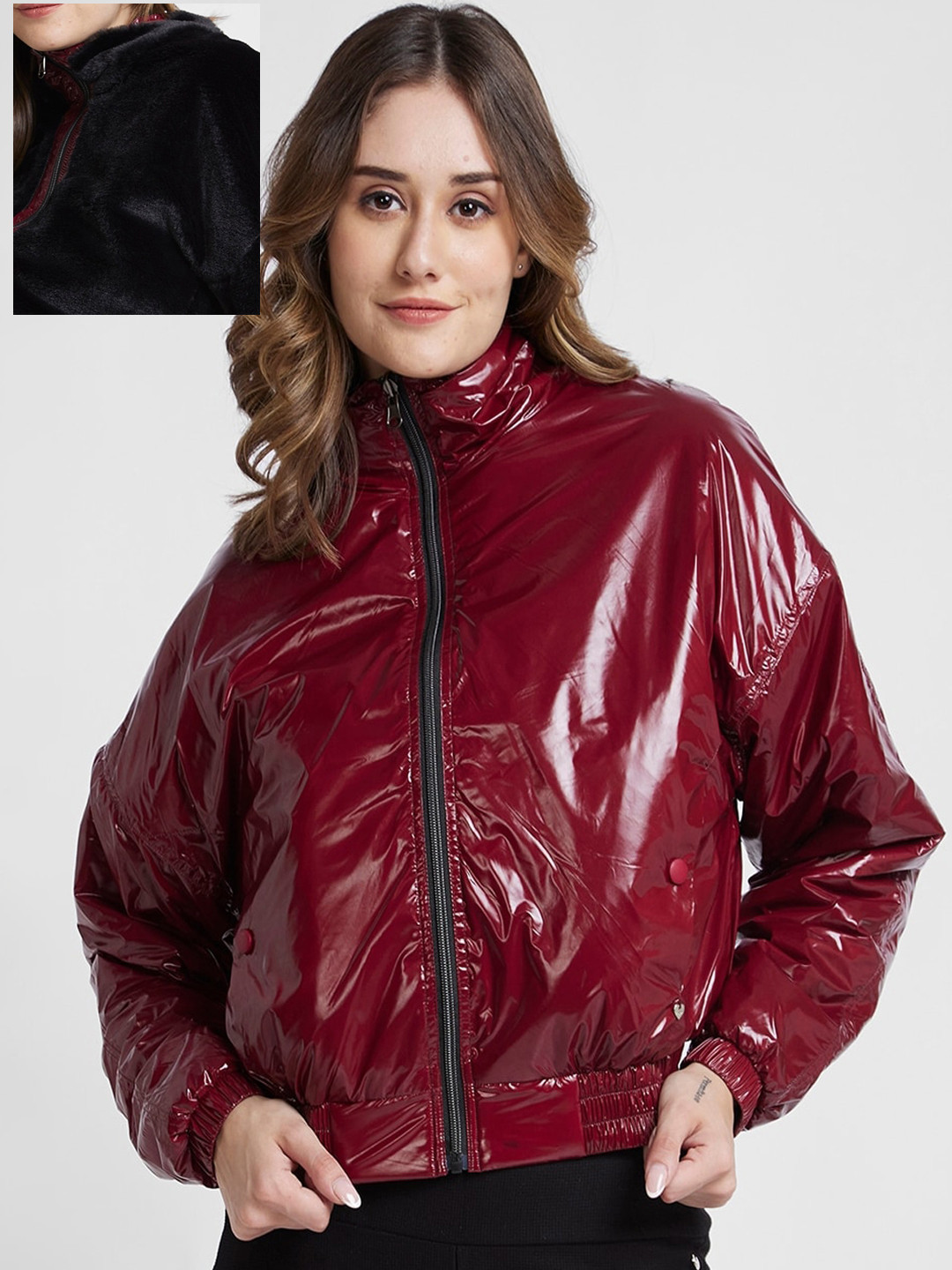 SPYKAR Mock Collar Reversible Bomber Jacket With Faux Fur Trim