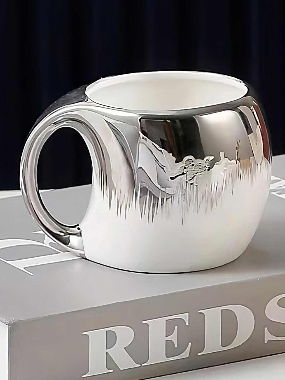 BonZeaL Silver-Toned & White Colourblocked Ceramic Glossy Coffee Mug - 220 ml