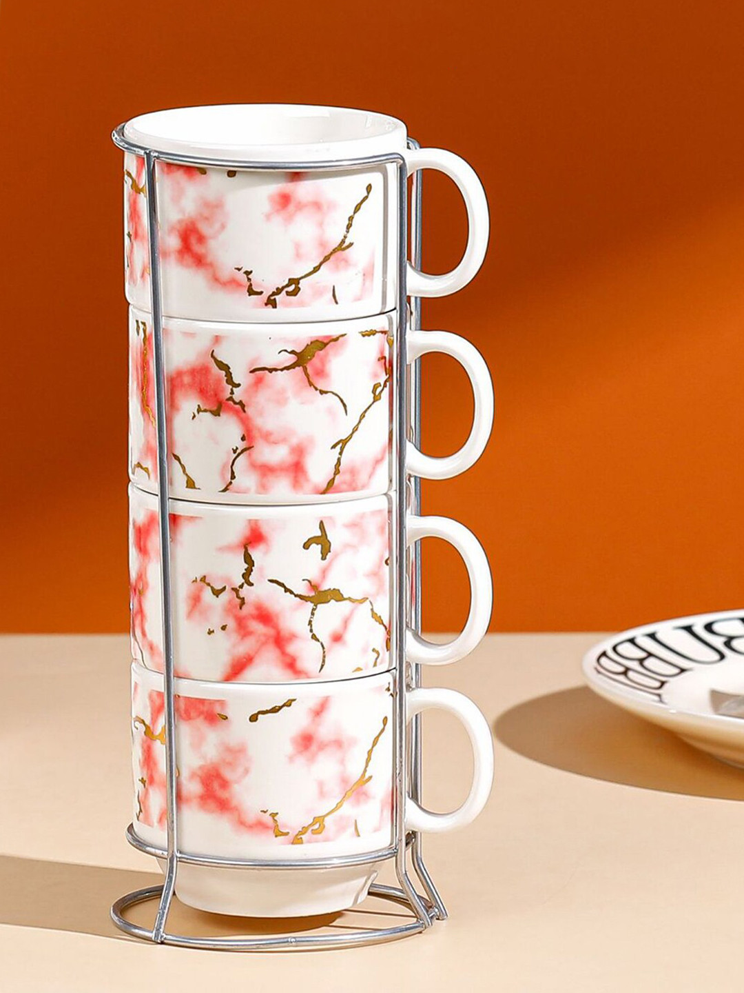 BonZeaL White & Pink 4 Pcs Printed Ceramic Glossy Mugs With Metal Holder Stand 150 ml each