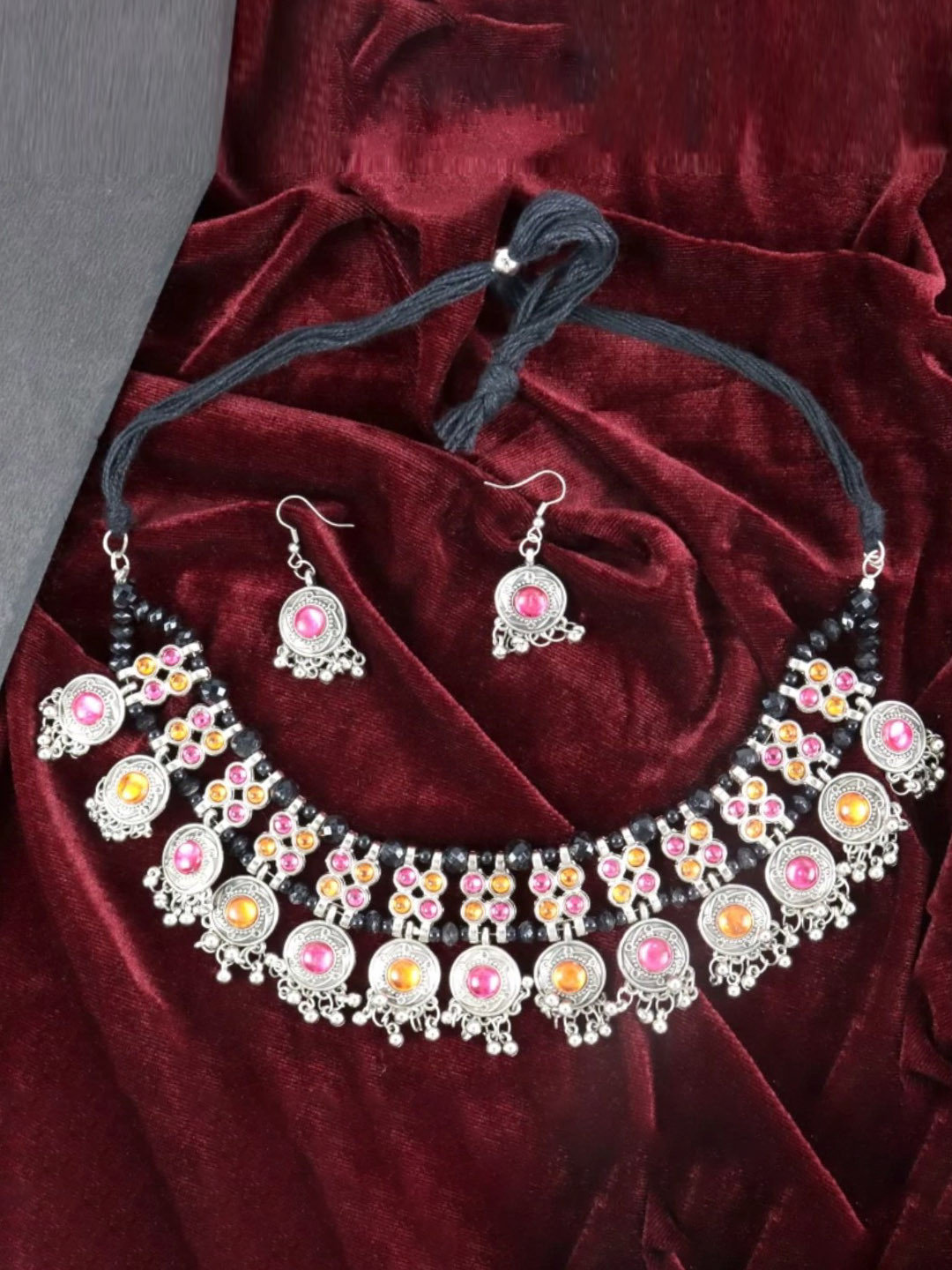 PRASUB Sterling Silver Oxidised Choker With Earrings Jewellery Set