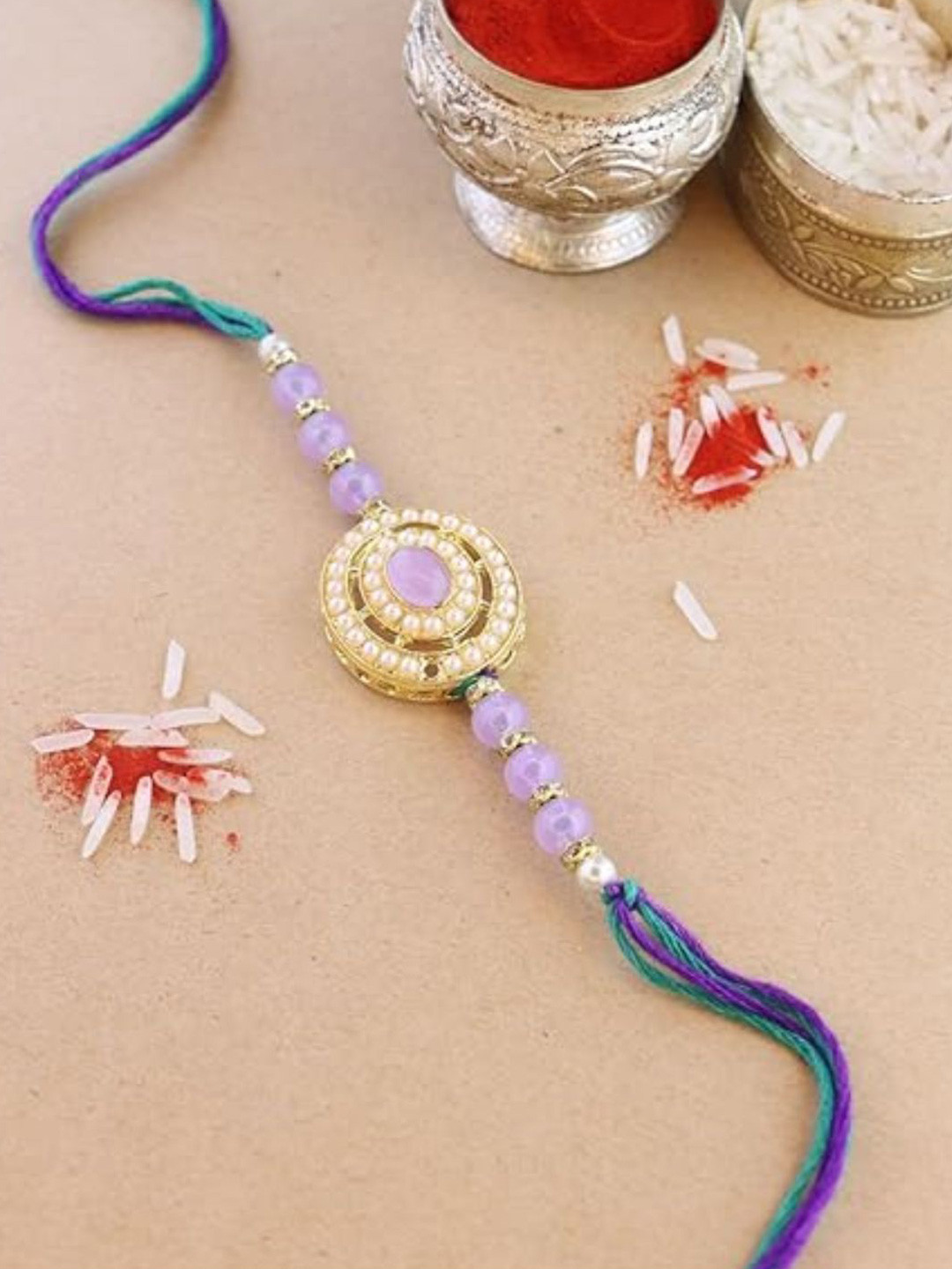 I Jewels Minimal Kundan-Studded Thread Rakhi With Roli Chawal