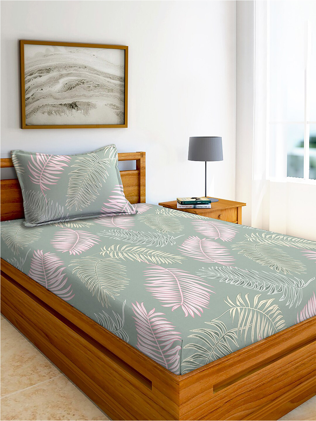 AEROHAVEN Green Leaf Cotton 240 TC Single Fine Bedsheet with a Pillow Cover-90 x 60 inches