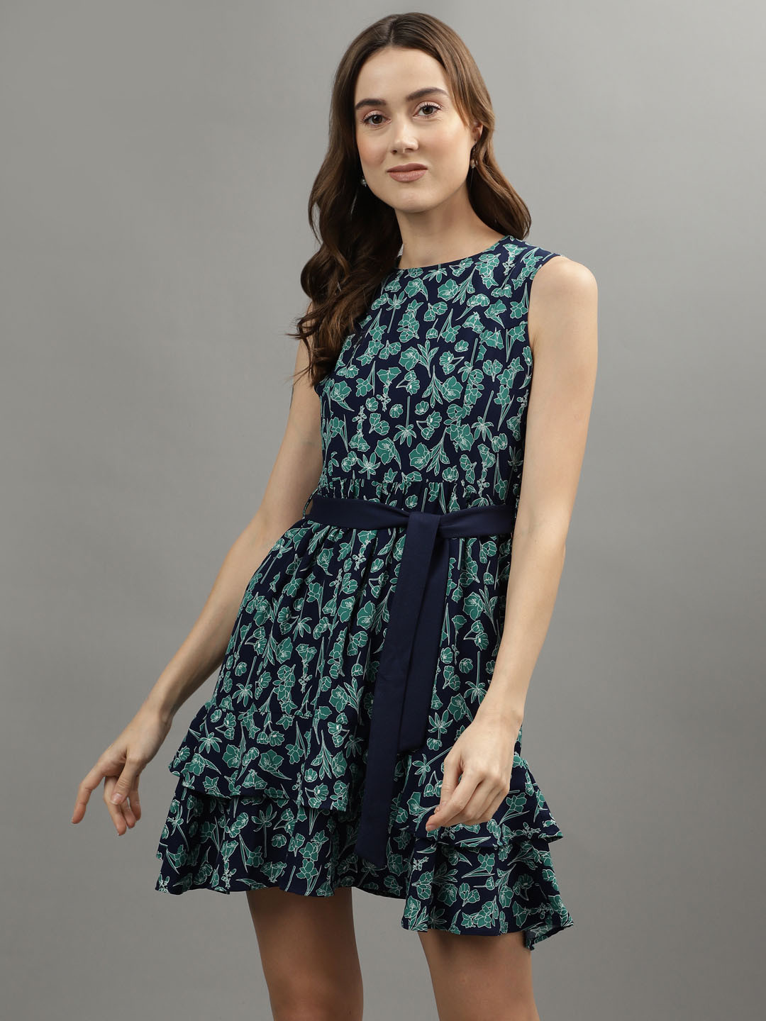 Iconic Floral Printed Flounce Hem Layered Detail Cotton Fit & Flare Dress