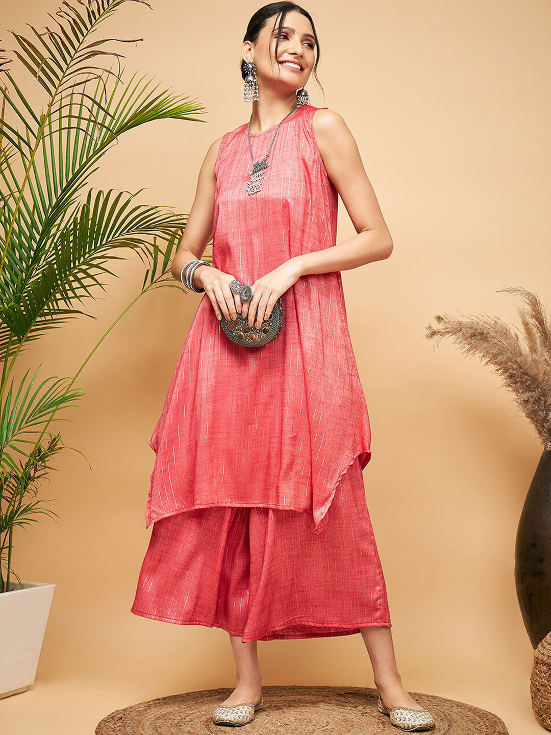 InWeave Coral Zari A-Line Kurta With Palazzos