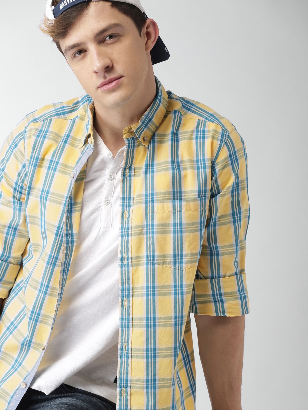 Buy Harvard Men Yellow & Blue Slim Fit Checked Sustainable Casual Shirt -  Shirts for Men 2391102