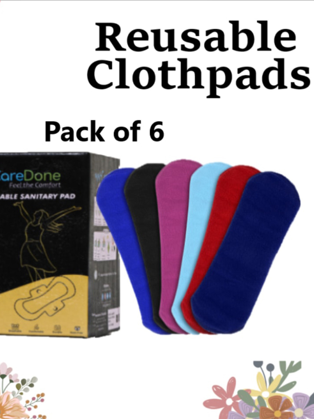 CareDone Set Of 6 Ultra Thin 4-Layered Rash Free Reusable Sanitary Cloth Pads