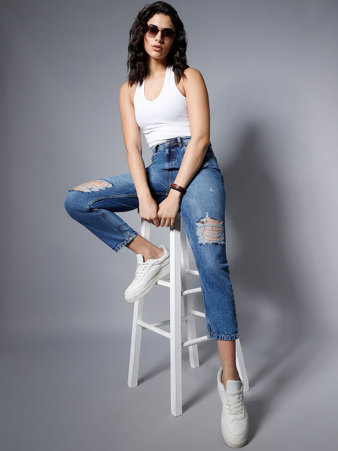 High Star Women Blue High-Rise Slash Knee Light Fade Jeans