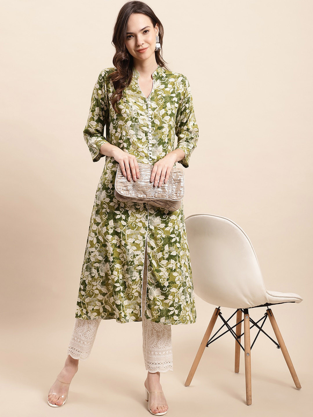 Anouk Green Floral Printed Band Collar A-line Kurta