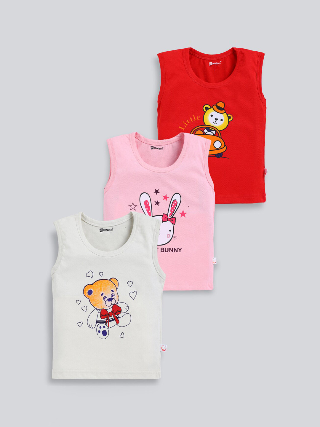MooNKids Infant Kids Pack Of 3 Printed Cotton Basic Vests