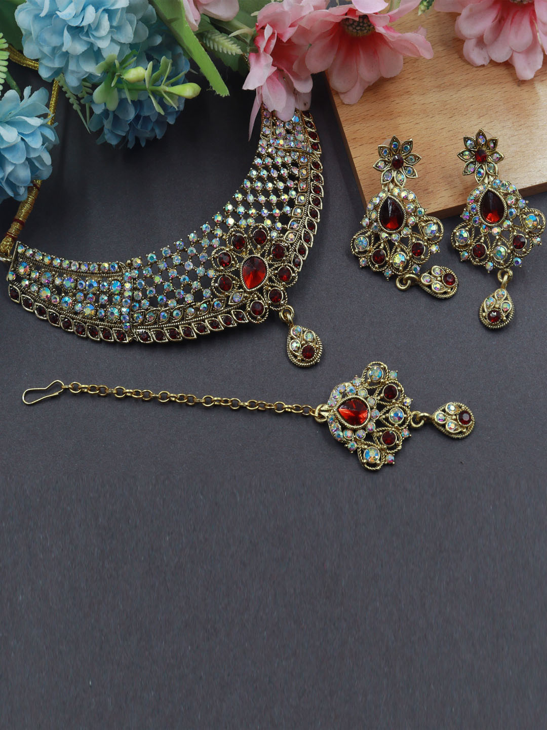 Rhymee Rose Gold-Plated Choker Necklace & Earrings with Maang Tika Set