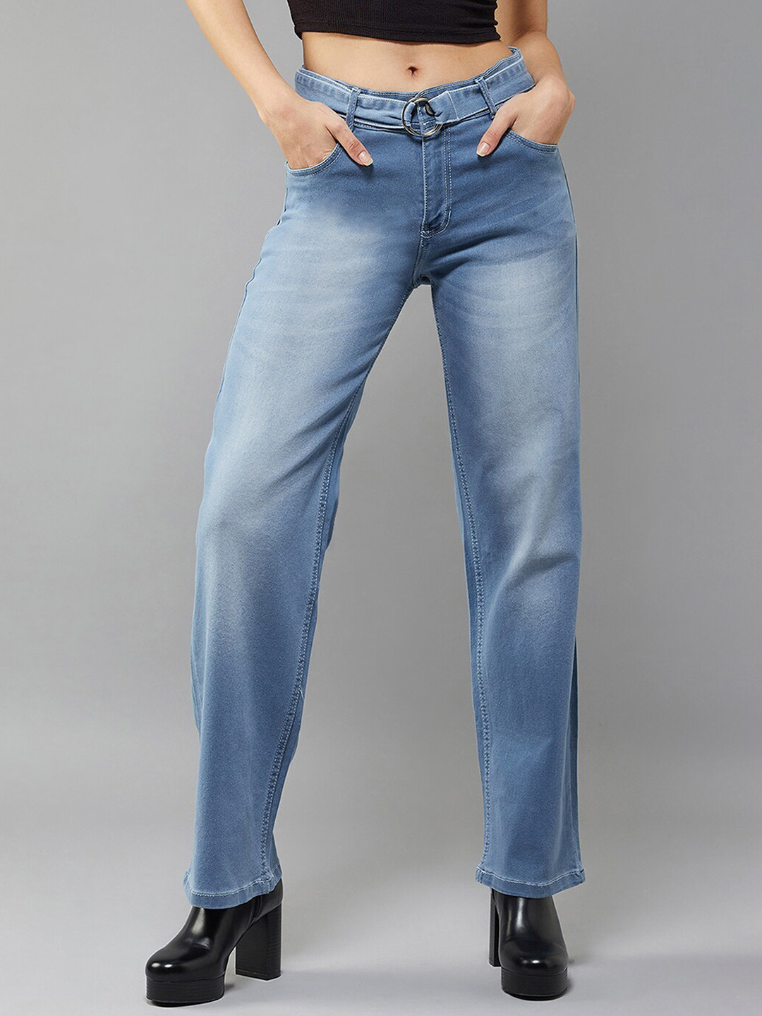 Miss Chase Women Blue Mid Rise Clean Look Light Fade Wide Leg Stretchable Jeans