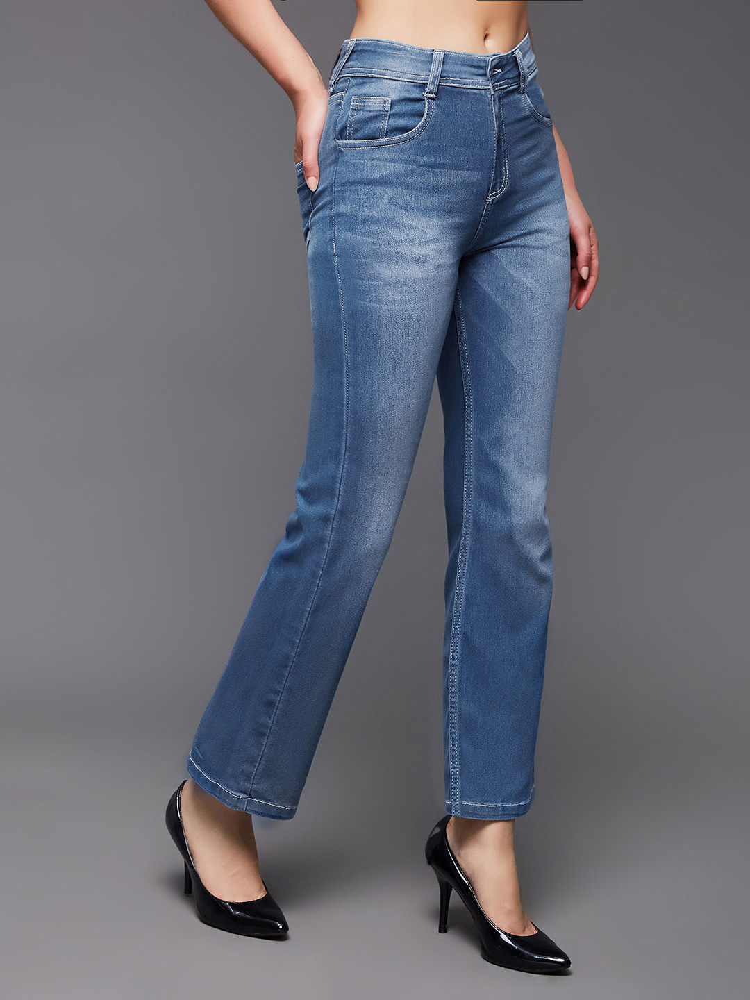 Miss Chase Women Light Weight Mid Rise Heavy Fade Whiskers Wide Leg Stretchable Jeans