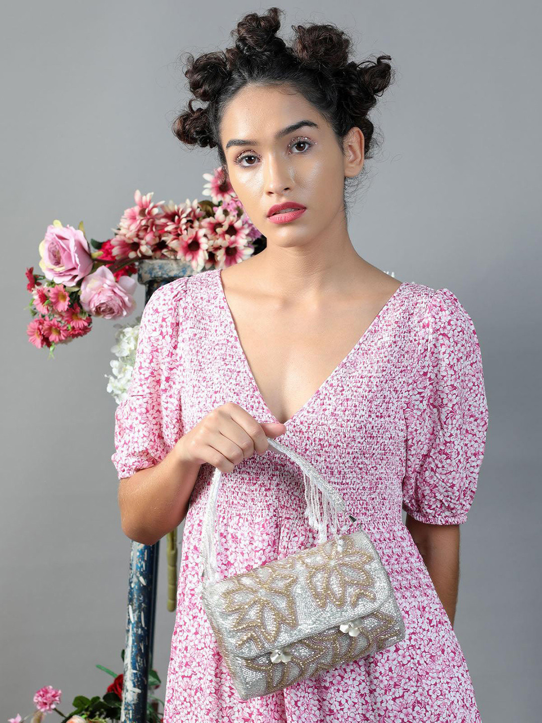 ODETTE Silver-Toned Embellished Sequenced Handheld Bag