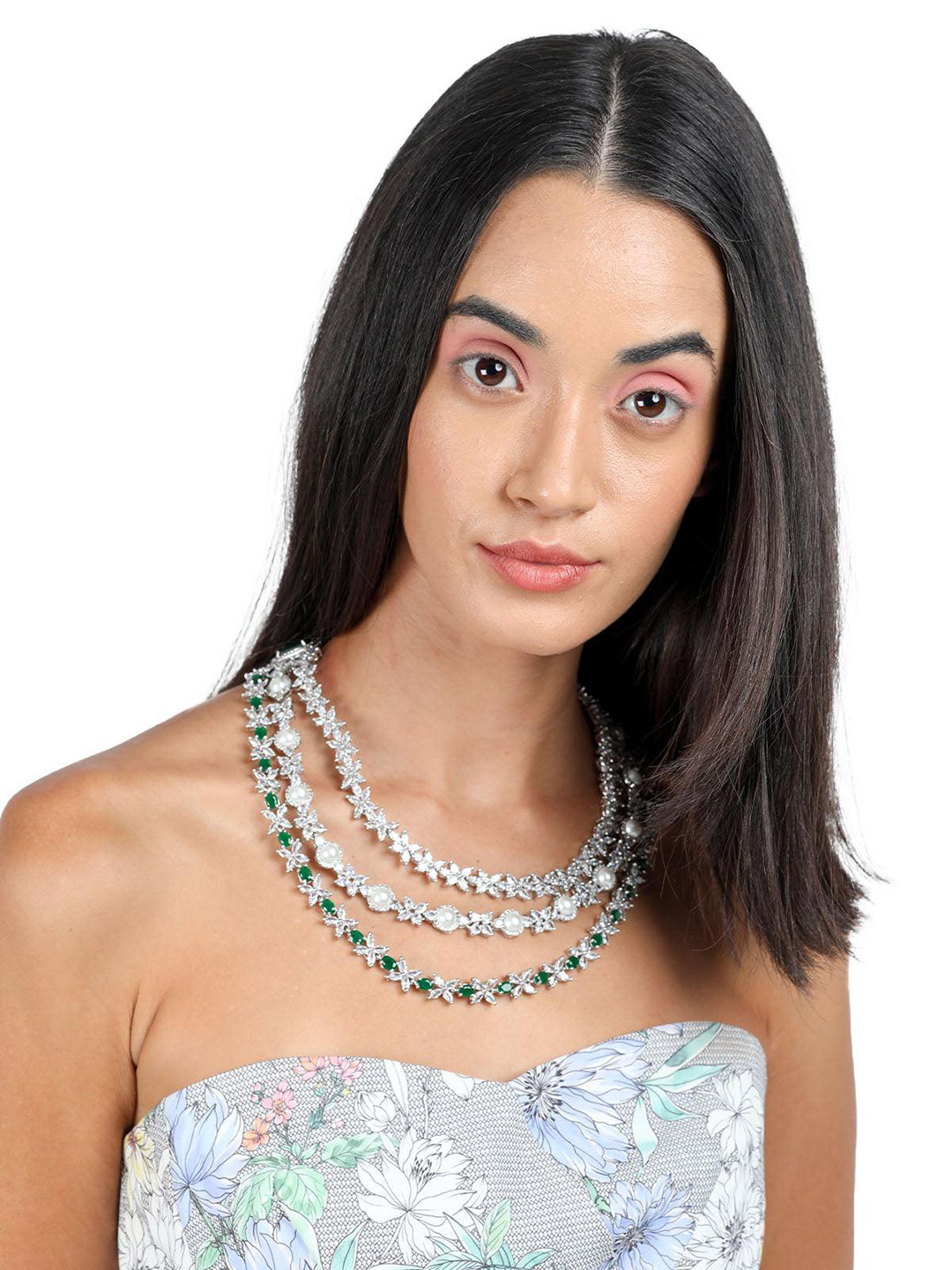 ODETTE Silver-Plated Stones Studded Necklace With Earrings & Bracelet