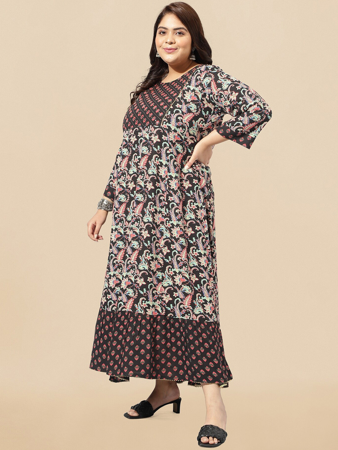 MIRCHI FASHION Plus Size Black Floral Printed Sequinned Ethnic Dress