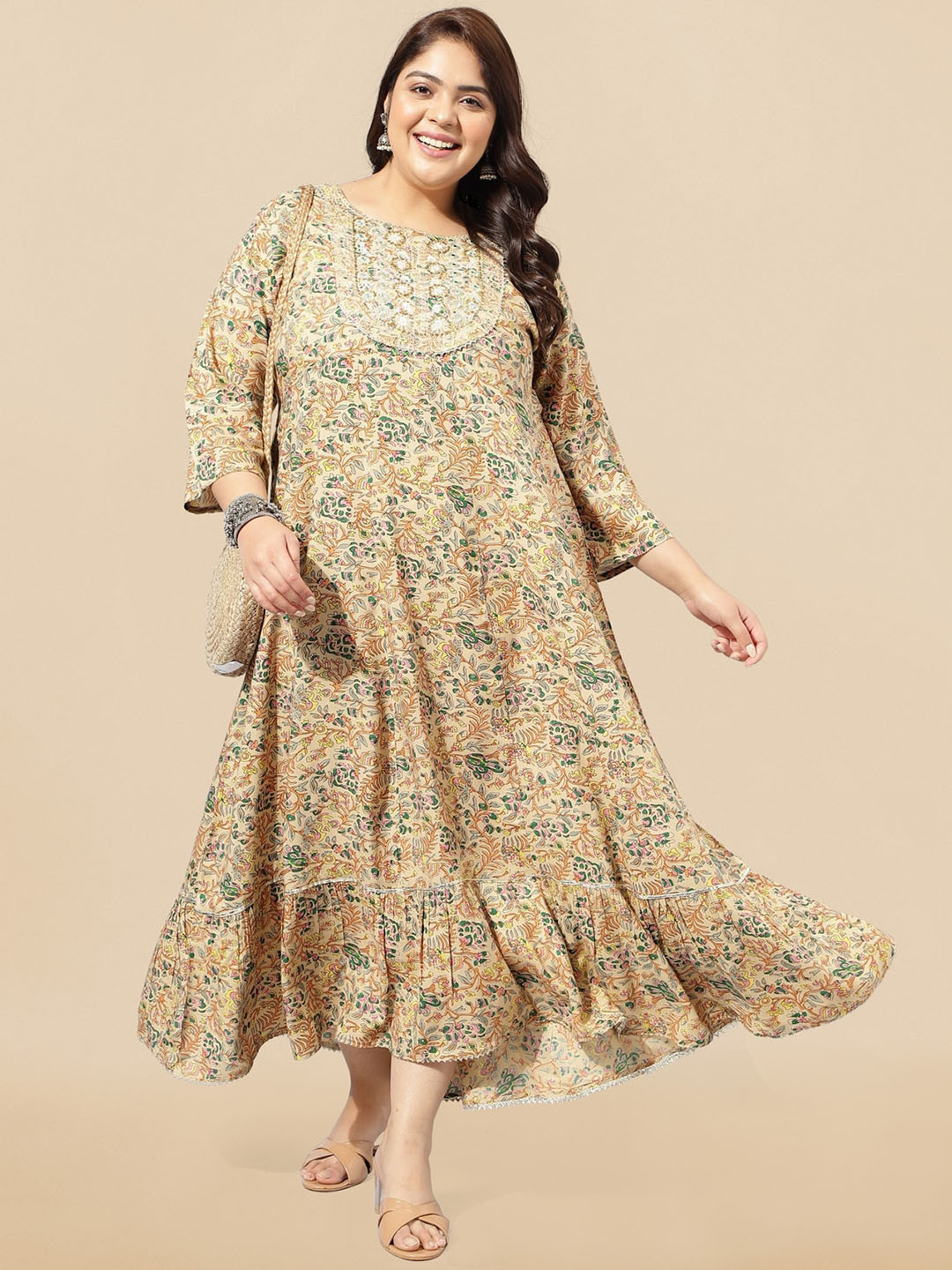 MIRCHI FASHION Plus Size Floral Printed Sequinned A-Line Maxi Ethnic Dress