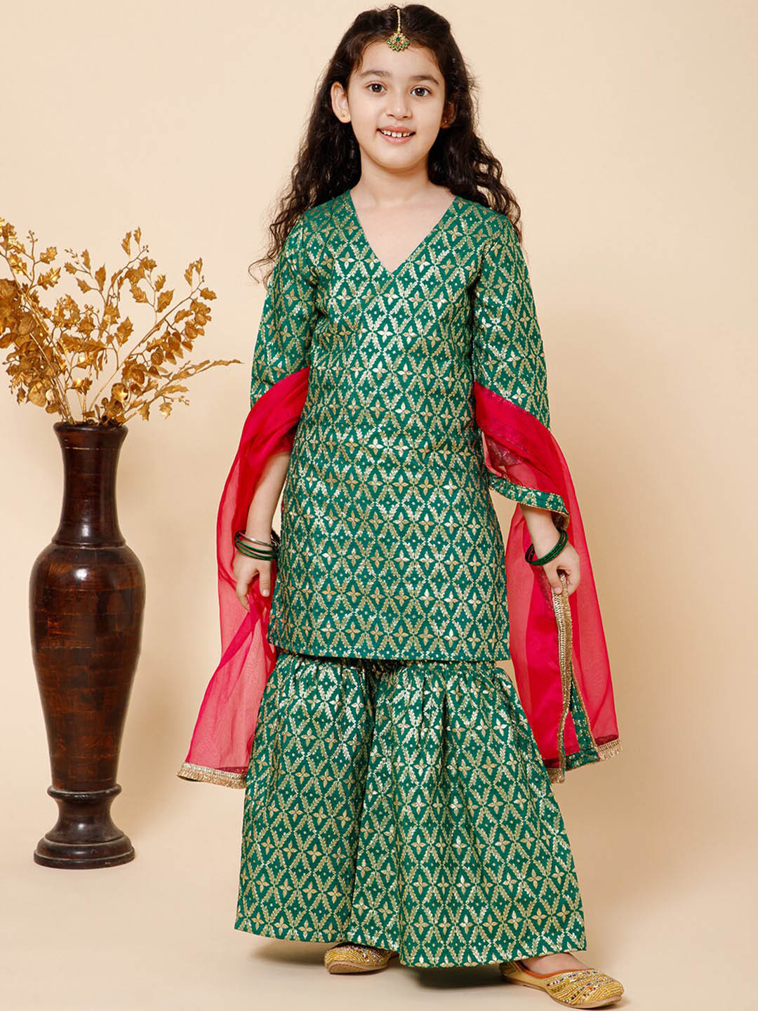 PICCOLO Girls Ethnic Motif Woven Design Regular Kurta & Sharara With Dupatta