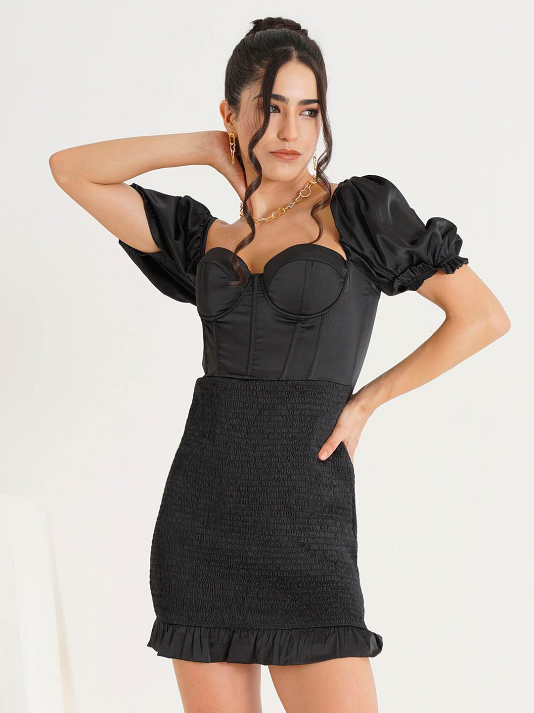 PRIZO Sweetheart Neck Smocked Puff Sleeves Cotton Linen Sheath Mini Dress