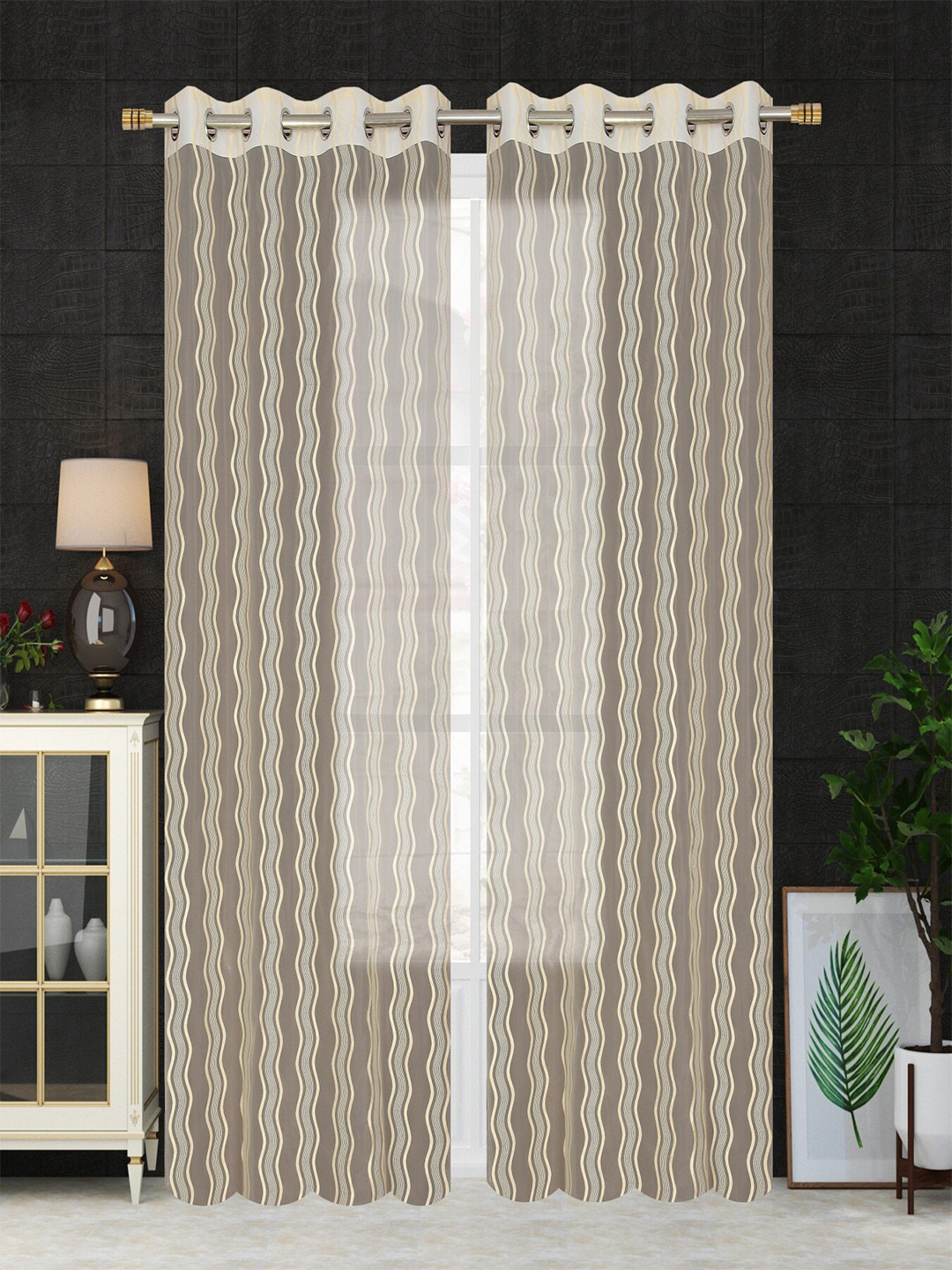 Homefab India Wavenet Cream-Coloured & Green 2 Pieces Self Design Sheer Long Door Curtains