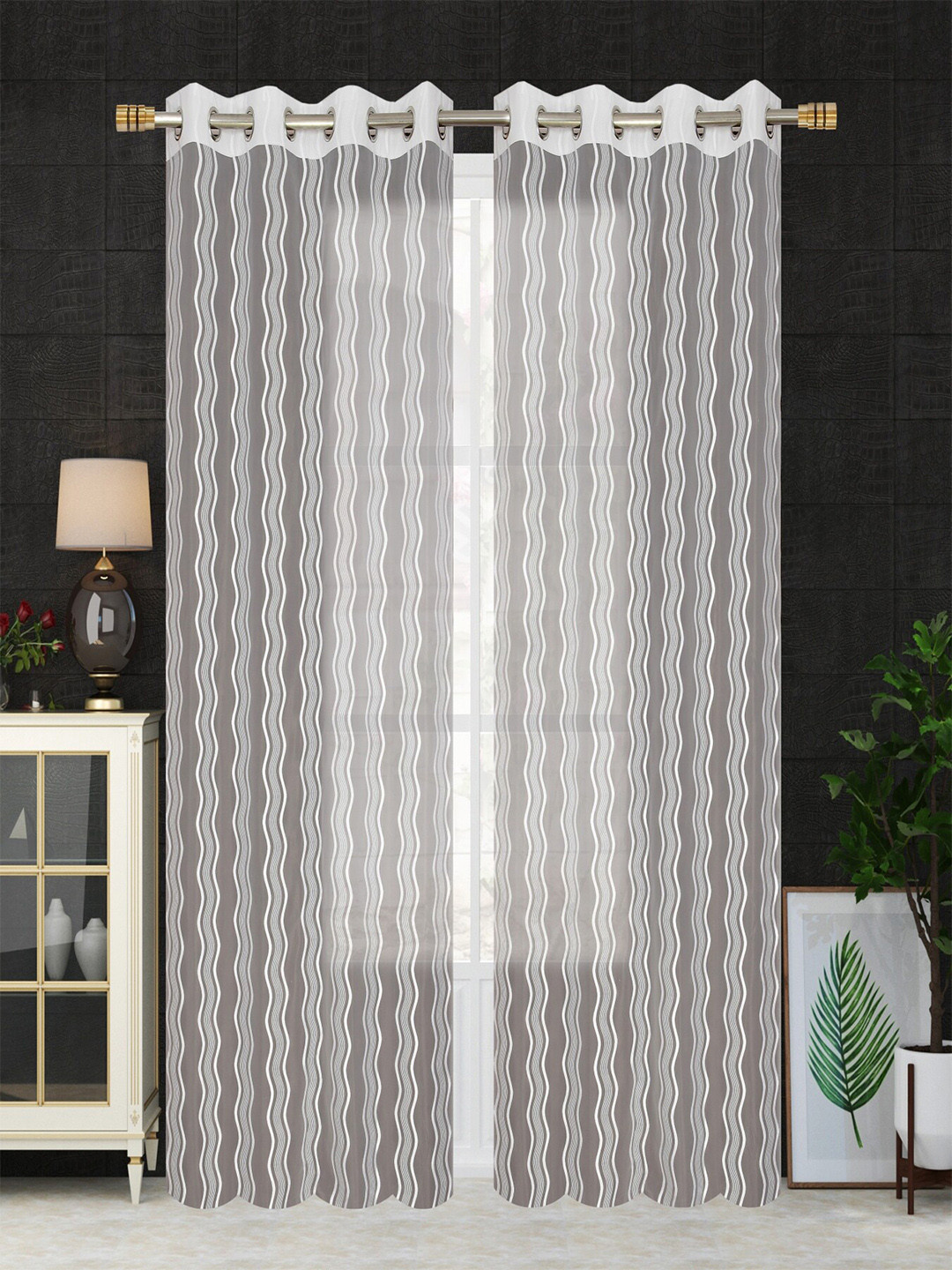 Homefab India Wavenet White 2 Pieces Self Design Sheer Door Curtains