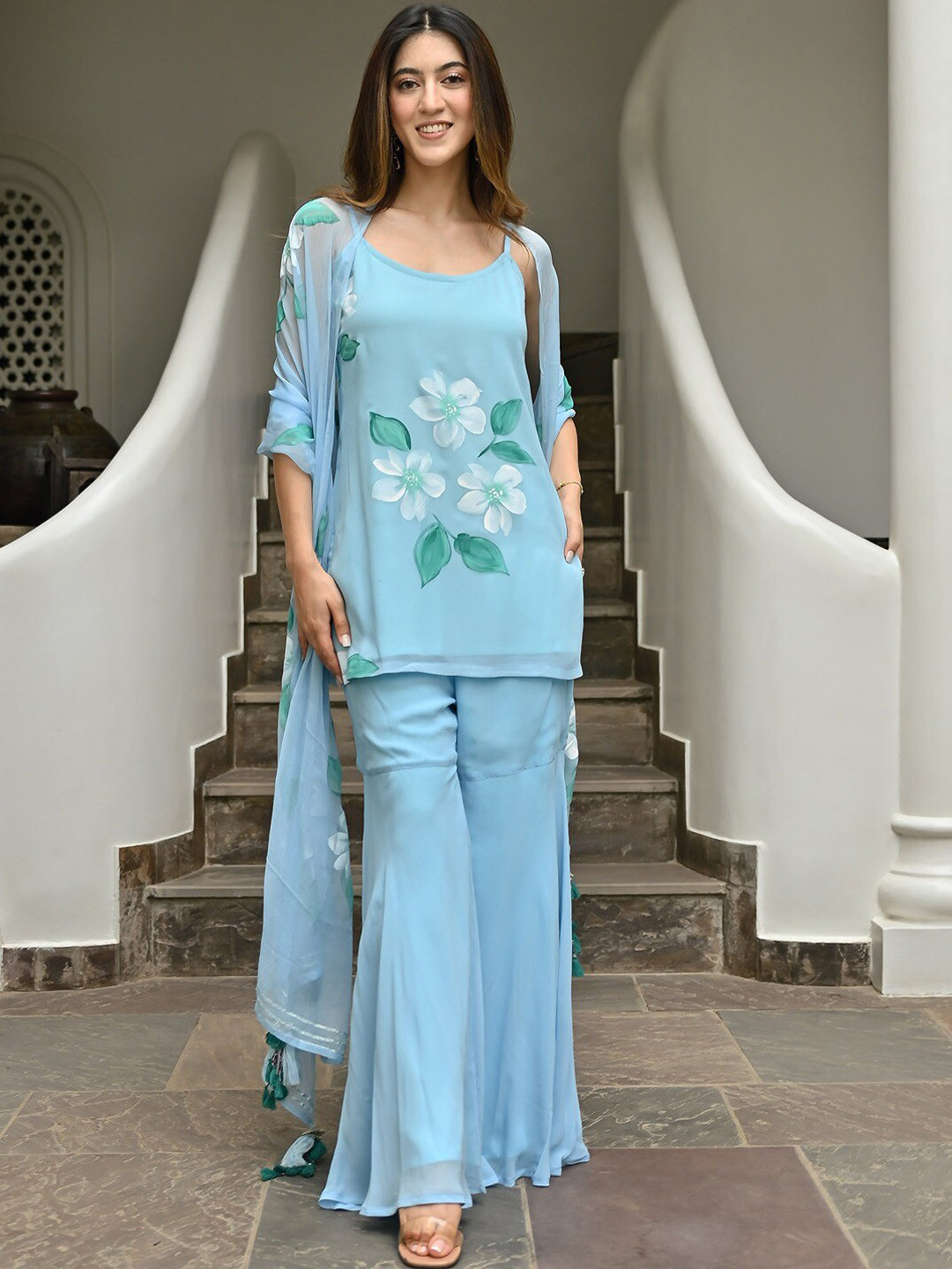 Lavanya The Label Floral Printed Georgette Kurti With Sharara & Dupatta