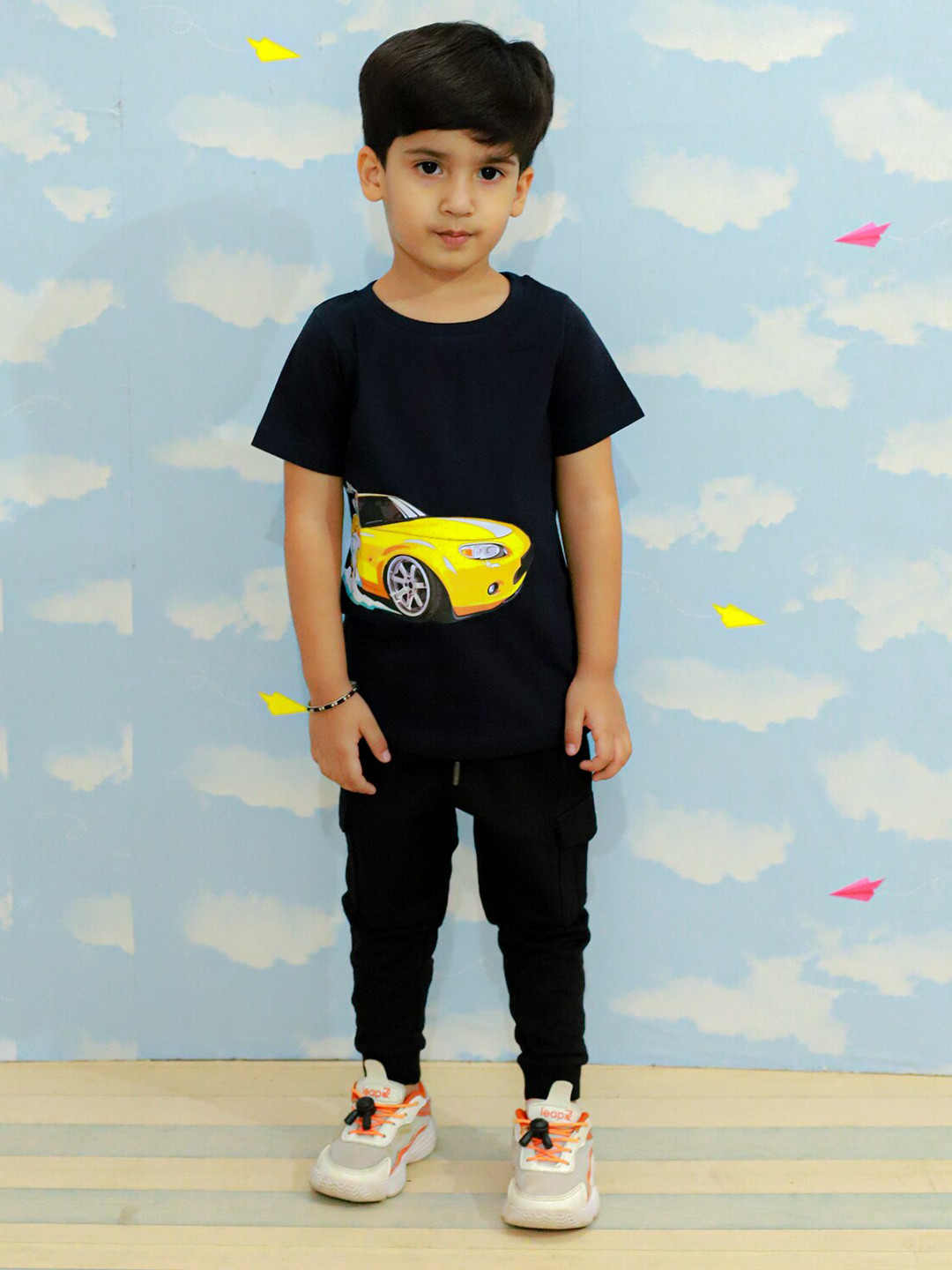 The Mom Store Boys Black Printed Pure Cotton T-shirt with Trousers Jogger Clothing Set