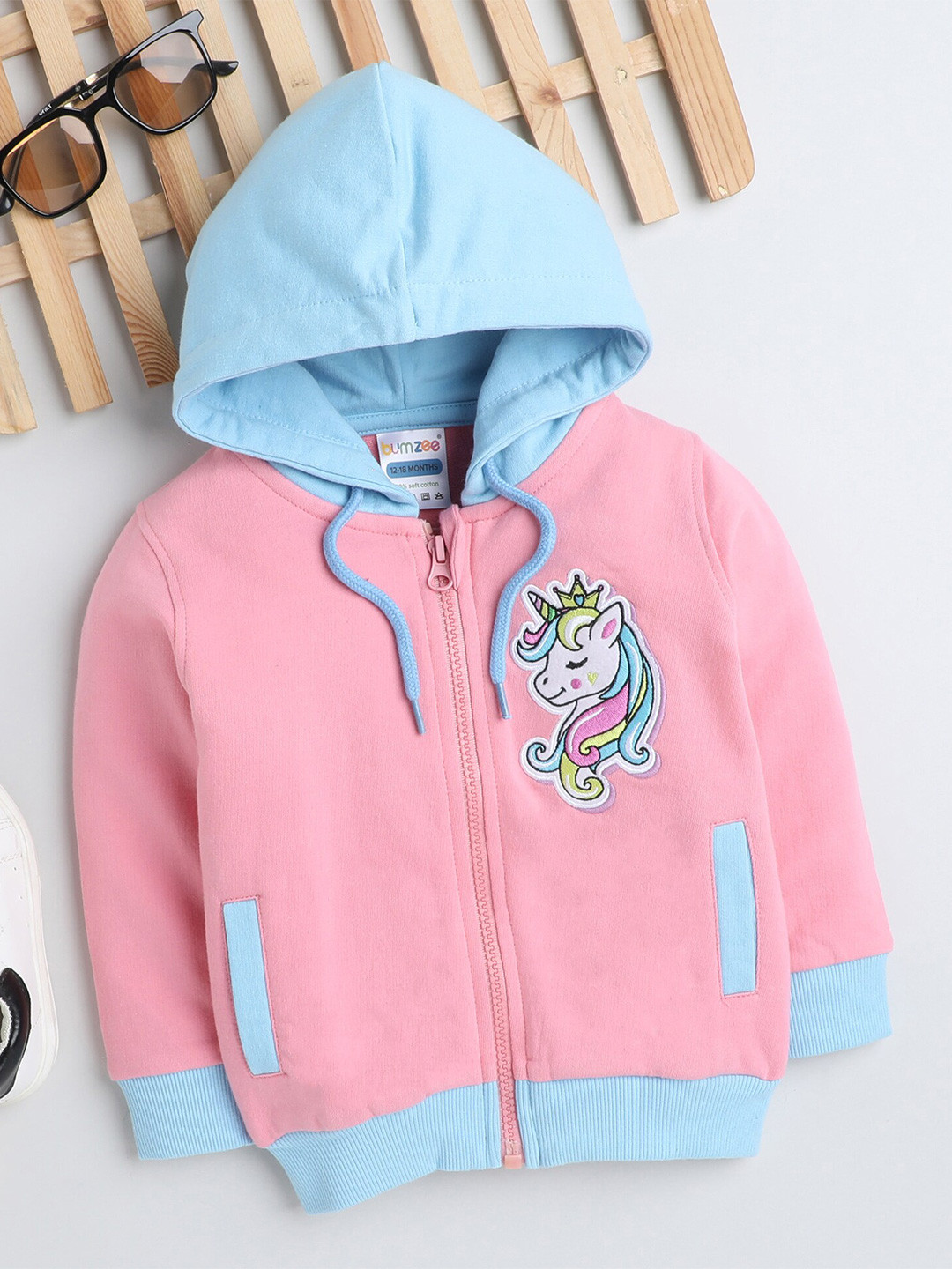 BUMZEE Girls Colourblocked Hooded Cotton Sweatshirt