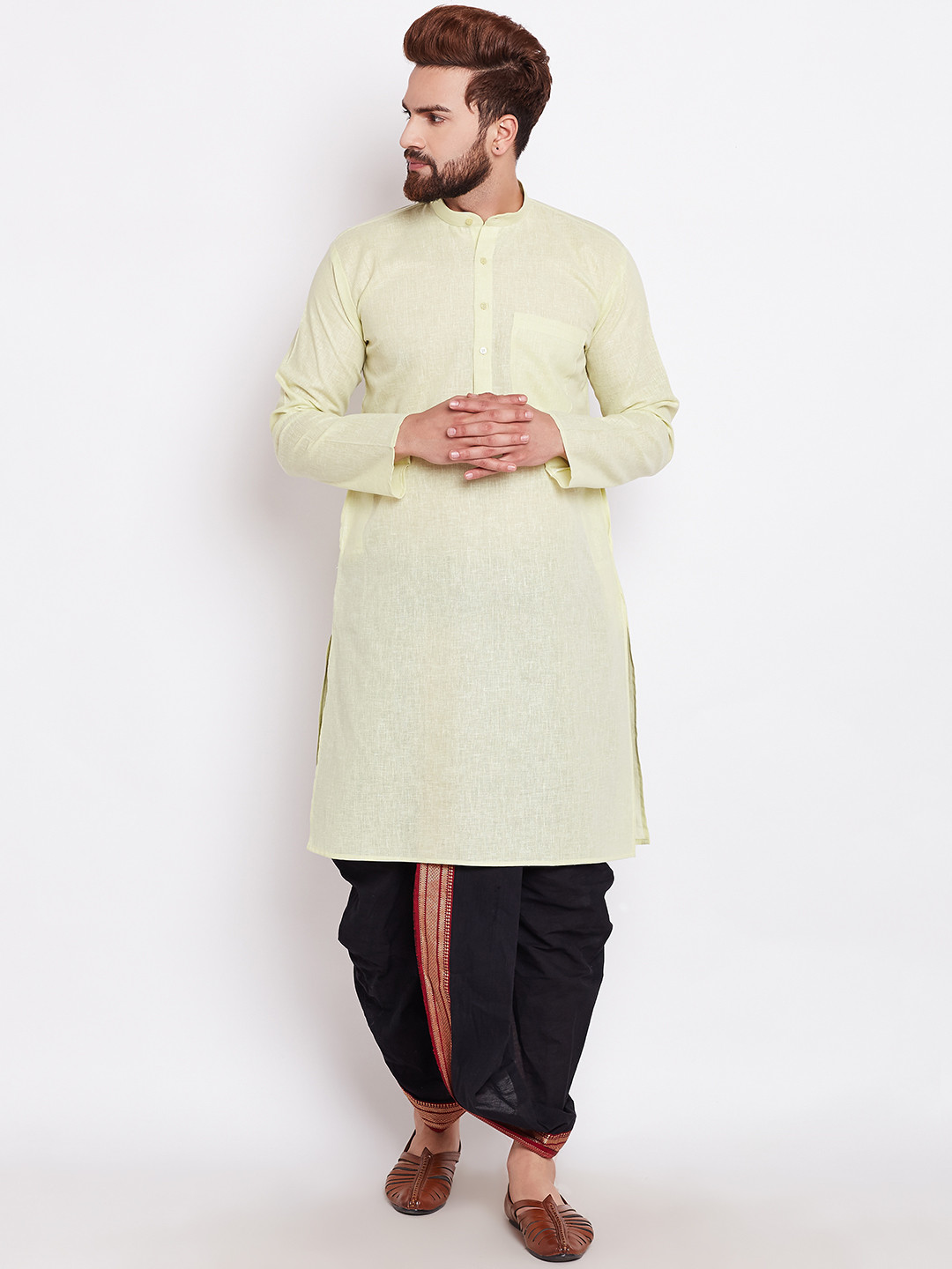 SOJANYA Men Lime Green & Black Solid Kurta with Dhoti Pants
