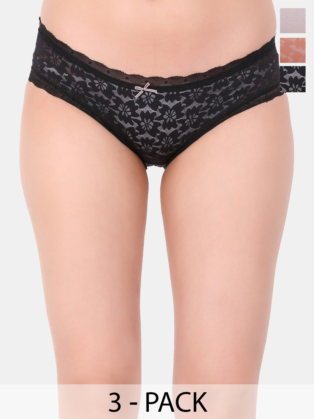 Amour Secret Pack of 3 Floral Printed Hipster Briefs P3638_Blk_Bwn_Rbn