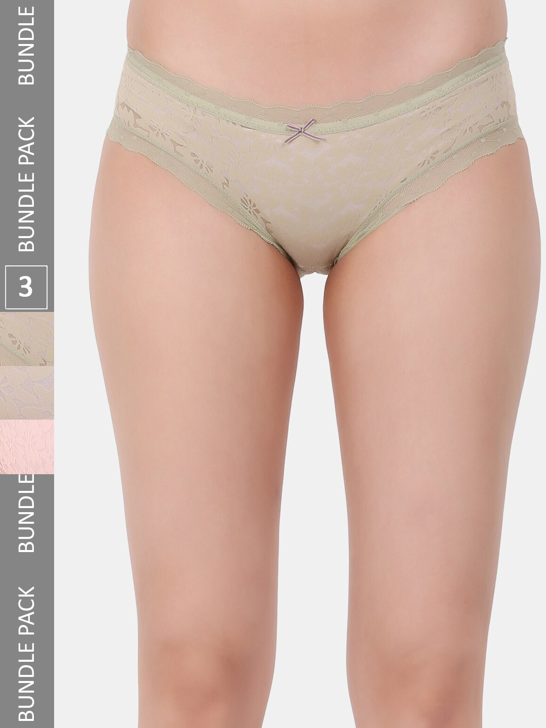 Amour Secret Pack Of 3 Self-Design Laced Leak Proof Bikini Briefs P3638_Grn_Pnk_Skn