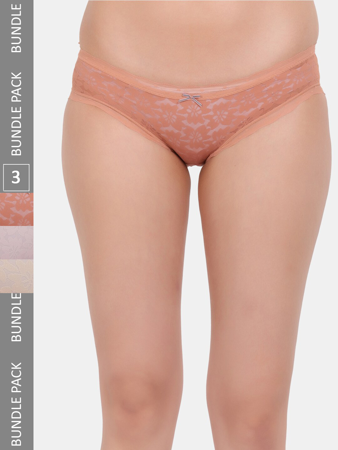 Amour Secret Women Pack of 3 Self Design Lace Leak Proof Bikini Briefs P3638_Blk_Bwn_Rbn